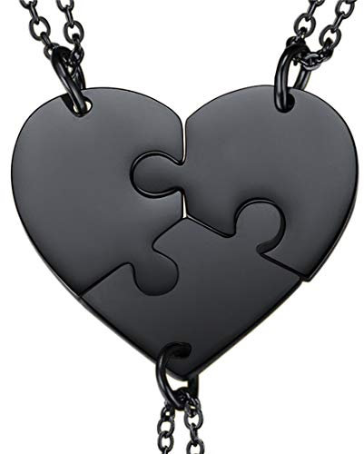 U7 BFF Necklace, Heart Shape Jigsaw Pendant & Rolo Chain, 3 Piece Blank Puzzle Pendants, Make Up A Heart, 3 Pieces Suit Necklace, Black Plated Stainless Steel Gift Jewellery Necklace