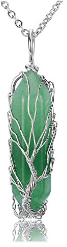 JSDDE Natural Green Aventurine Crystal Stone Necklace Life Tree Silver Wrapped Quartz Gemstone Pendant Necklaces Jewelry for Women Gift