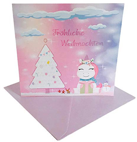 TryPinky® Einhorn Frauen Mädchen Lebkuchenmann Regenbogen Glitzer Weihnachtskarten mit Umschlag Set mit violett glänzenden Umschlägen - Klappkarten Weihnachtskarte Rosa Einhörner (1)