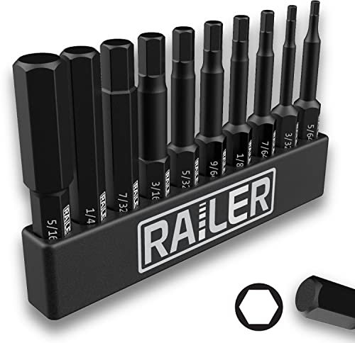 Railer 10 Pack SAE Hex Head Allen Wrench Drill Bit Set. Premium S2 Steel 2 Inch SAE Hex Bit Set With Quick Release Shank and a Storage Bitrail - Great for Ikea Type Furniture