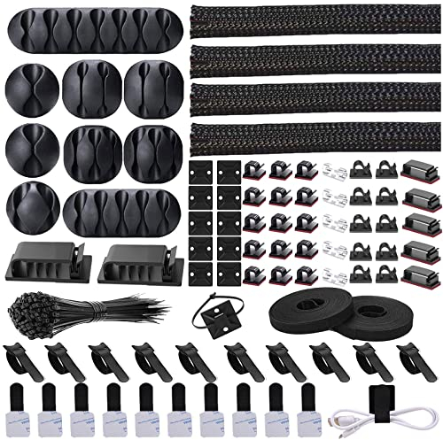 N NOROCME Kit Organizador de Cables, 4 Fundas para Cables divididas con 41 Soportes autoadhesivos, 10 Unidades y 2 Rollos de 100 Lazos de sujeción para TV, Oficina, Coche, Escritorio, hogar, Color
