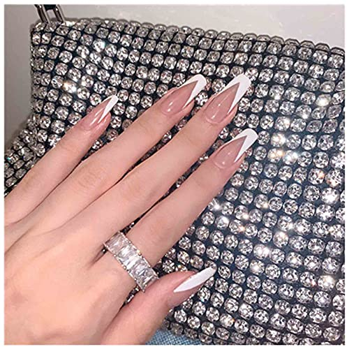 Yheakne Long Coffin Press on Nails V Shape French Ballerina Nails Ombre Gradient Fake Nails Fashion Clip on Nails Full Cover Nails Artificial False Nails Tips for Women and Girls 24Pcs (White Tips)