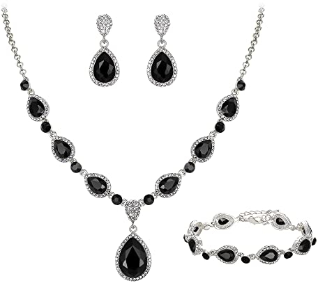 Clearine Y-Halskette + Ohrringe und Armband Marquise Kristall Tennis Armkette Hochzeit Braut Träne Diamant Kostüm Schmuckset für Damen Schwarz Silber-Ton