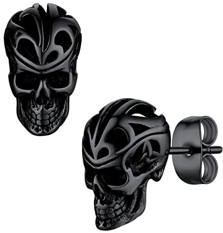 Bestyle Clou d'oreille Viking pour Homme Femme Acier Inoxydable Noeud Celtique Ajouré Boucles d'oreilles tête de Mort Noir