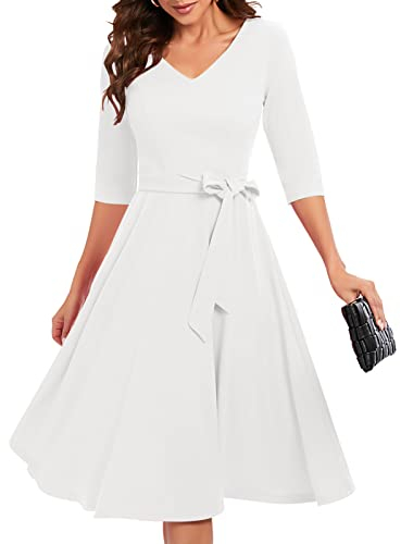 Bbonlinedress Festliche Kleider Damen 3/4 arm V-Ausschnitt Rockabilly Kleider Midilang Abendkleid lang Elegante Kleider mit Gürtel White 3XL