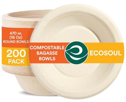 ECO SOUL 200 Round Paper Bowl 470 Ml(16Oz) Disposable Brown Bagasse Bowls,100% Compostable, Eco Friendly Paper Bowl for Hot Food Alternative to Plastic Bowls