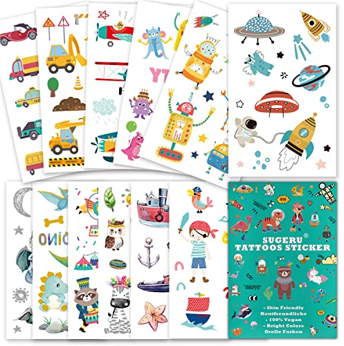 Sugeru 100+ Tattoo Kinder Hautfreundlich,Bunter Mix Tatoos Aufkleben Sticker Kids,Kinder Tattoos Jungen Mädchen,Mitgebsel Kindergeburtstag - Pflanzenextrakt-Farbe(Mix Ⅱ)