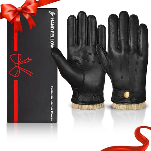 Hand Fellow Echtlederhandschuhe für Herren, Lederhandschuhe, Fleece-gefüttert, Touchscreen-Handschuhe, Winterhandschuhe, Thermohandschuhe, beige, M