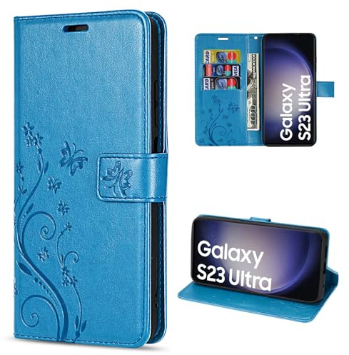 Hülle Kompatibel mit Samsung Galaxy S23 Ultra | Premium PU Leder Handyhülle Wallet Case für Galaxy S23 Ultra | Schutzhülle Blumen Klapphülle Handyhülle | Blau