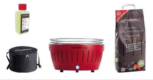 LotusGrill XL Starter-Set, 1 griglia, 1 carbone di faggio da 2,5 kg, 1 pasta combustibile da 200 ml, 1 borsa per il trasporto (Red)