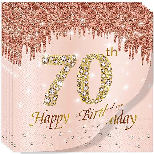 Rose Gold Happy 70th Birthday Napkins, 20Pcs Party Paper Napkins, Her 70th Birthday Gifts, Tableware Decorations