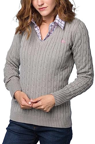 Ladies V Neck Cable Knit Jumper Womens Chunky Knitted Jumper Pullover Sweater (UK, Numeric, 16, Regular, Regular, Grey)