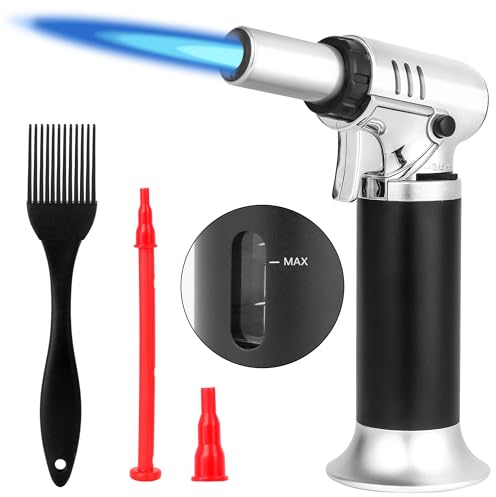 Kochbrenner - Küchenfackel für Creme Brulee, con pincel de aceite, postres y encendedor para dorar, soplete flambeador con bloqueo y llama ajustable (gas butano no incluido) (plata)