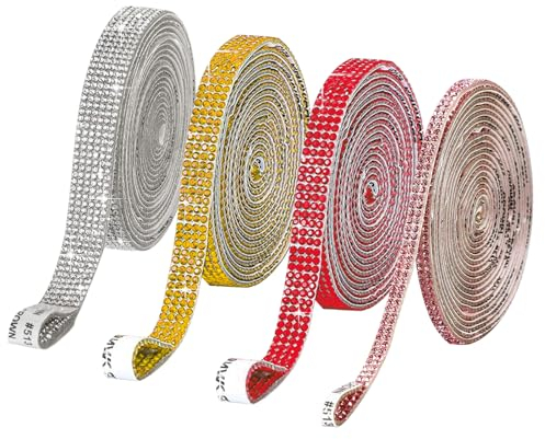 4 Rouleaux de ruban adhésif diamant cristal, Auto-Adhésif en Cristal Ruban, ruban à strass en cristal, ruban adhésif diamant pailleté pour anniversaires, mariages, fêtes (rouge + or + rose + blanc)
