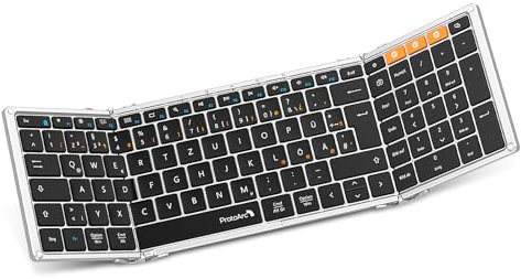 ProtoArc XK01 Faltbare Tastatur Klappbar mit Ziffernblock | Wiederaufladbare Kabellose Mini Tastatur mit 3 Bluetooth Kanälen für iOS, Android, Windows, QWERTZ - Schwarz und Silber