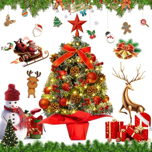 BUOAZR Mini Árbol De Navidad, 60 cm Artificial Pequeño Con Iluminación LED y Decorado, Árbol De Mesa Realista Para Decoración Navideña en Casa, Oficina (Rojo Verde)