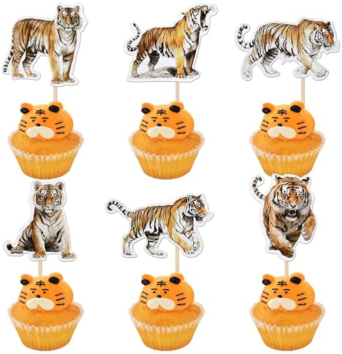 Xsstarmi 36 Pack Tiger Cupcake Toppers Jungle Safari Animal Tiger Cupcake Picks Forest Tiger Birthday Cupcake Decoration for Tiger Theme Baby Shower Kids Boys Girls Birthday Party Cake Decorations