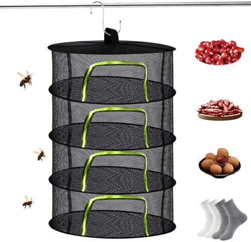 Baieye Trockennetz Kräuter 4-lagig 60cm, Faltbar mit Reißverschluss Haken | Jede Etage 20cm Höhe, viel Platz für Kräuter, Blumen mehr, Geschützt vor Tieren und Wind, für Sauberes Trocknen