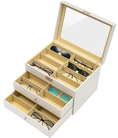 Sunglasses Organizer with 24 Slot, Lockable Multiple Eyeglasses Display Case, PU Glasses Storage Organiser with 3 Drawer (24-Slot)