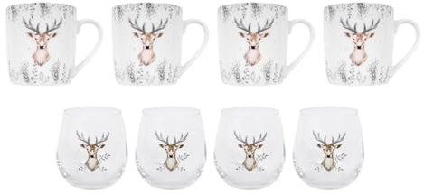 YöL 4 Christmas Glass Tumblers & 4 Coffee Mugs Stag Design Cup Xmas Table Decor