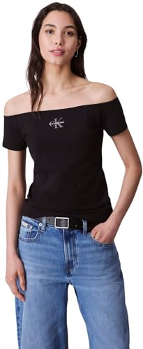 Calvin Klein Damen T-Shirts Kurzarm Off Shoulder Schulterfrei, Schwarz (Black), L
