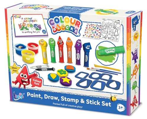Colour Blocks Paint Draw Stamp and Stick Set - Kids Large Art Craft Kit | Aesthetic Multi Tool Colouring Album Washable Ink Inkpad Device for Nursery School Room. Reusable Creative Holiday Gifts.