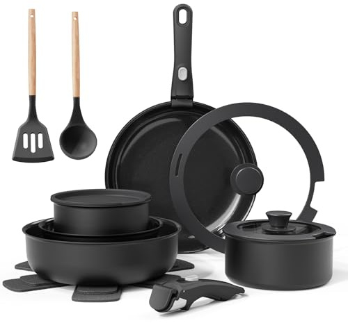 Bazova Ceramic Nonstick Cookware Set, Healthy,Non Toxic,17-Pieces Pots and Pans Set Removable Handles,Induction RV Kitchen Set,Stain & Scratch-Resistant,Dishwasher/Oven Safe,PFAS/PFOA Free,Black