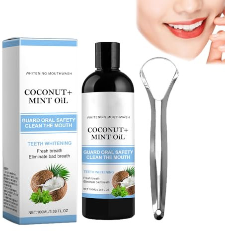 Mundziehöl mit Kokosnuss Pfefferminzöl, Mundwasser aus Kokosöl, Natürliches Kokosöl, Aufhellendes Öl Mundspülung für Frischen Atem, Zahnaufhellung und Gesündere Zähne with Tongue Scraper Include (1)