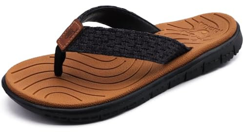 KuaiLu Chanclas Mujer Verano Playa Piscina Cuero y Tela Flip Flops Señoras Comodas Piel Planas Caminar Sandalias De Dedo Antideslizante Yoga-Espuma Chancletas Caqui negro 39