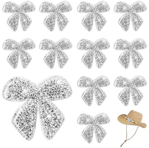 12 Pcs Bow Iron on Patches Decorations,Crystal Applique Patches Bow Patches Rhinestone Applique Decor,Iron on Bow Patch Decoration for Sewing Hats Clothes Jackets Jeans Shoes Bags Crafts Accessories