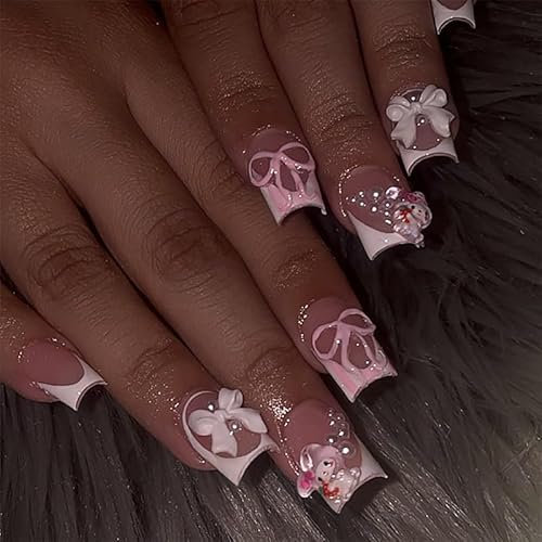 Faux Ongles Court MouyouGlow,Carré Rose Blanc French 3D My Me lody Noeud Papillon Bow Tie Cartoon Pearl Cute Kawai Press on Nails avec Colle à Ongles,Y2K Coquette Fake Nails