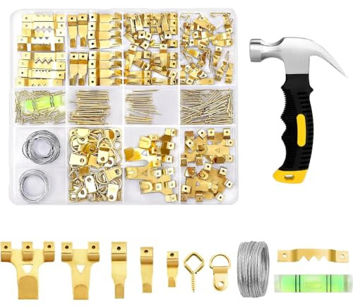 ZAselect 331Pcs Picture Hanging Kit, Picture Hangers, Heavy Duty Frame Hooks Assortment with Picture Wire, D Rings, Hardware Nails, Eye Hooks, Golden Heavy Duty Frame Hooks for Frames Mounting