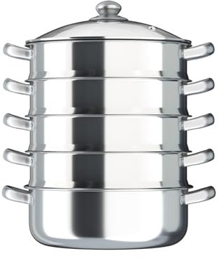 5-Tier Stainless Steel Steamer with Glass Lid, 30 cm Stainless Steel Pan Steamer Cooker Pot Pan for Cooking (Silver, 5 Tiers，30cm/11.81in)