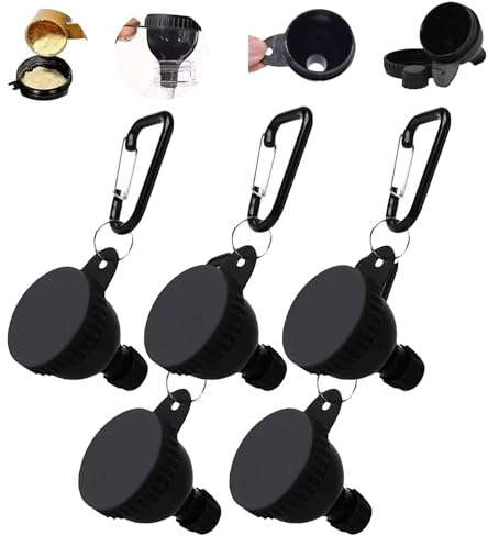 Lot de 5 récipients de voyage portables en poudre de protéine, petits entonnoirs pour remplir de petites bouteilles avec porte-clés et porte-clés, entonnoir de supplément de pré-entraînement/gym (50