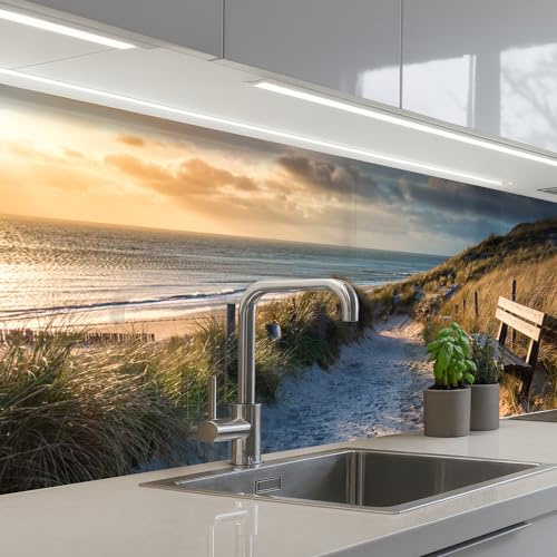 KitchenYeah© Spritzschutz Küche Küchen Rückwand Küchendeko Wand Wandschutz | 60x200 cm - Selbstklebend Backsplash Kitchen Peel And Stick Sonnenuntergang - Strand - Düne - Gras - Bank