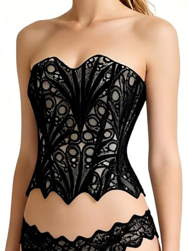 bslingerie Women Lace Trim Floral Sheer Lace Up Patchwork Bustier Corset Top