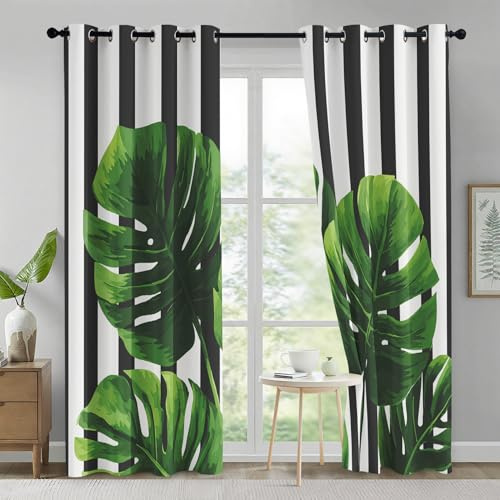 Generisch Vorhänge Monstera Wohnzimmer Fenster, Blickdichte Gardinen Schwarz Weiße Streifen Schlafzimmer Deko, Thermo Verdunklungsvorhänge mit Ösen 2er Set, H 175 x B 140 L-C&9