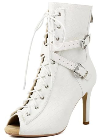 Qynthra Bottines Femme Gothique Peep Toe Lacets PU Talon Haut Sangle Boucle Motif Tressé Style Combat Mode Street Soirée,Blanc,38 EU