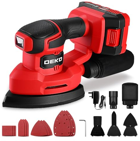 Cordless Mouse Sander for Wood: DEKOPRO 20V Detail Sander with Dust Collector and 2.0Ah Battery 13000 RPM, 3 Additional Attachments 12PCS Sandpapers - Compact & Ideal for Tight Space Sanding Red