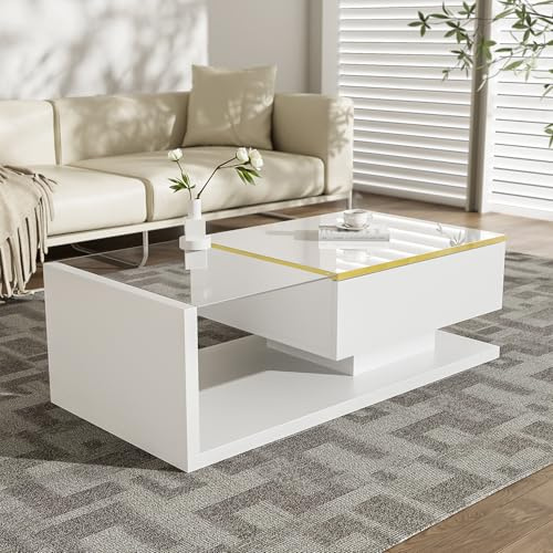 OKMYHOME Table Basse LED avec Plateau en Verre, Blanche, 100 × 50 cm | Hauteur 32.5 cm, MDF, finition haute brillance, forme rectangulaire, pour salon