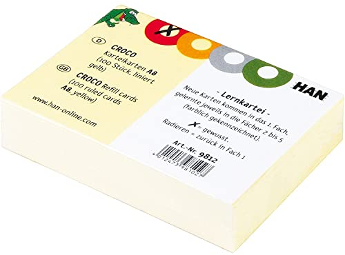 HAN Karteikarten CROCO – 1 PACK à 100 STÜCK, Karteikarten A8 quer, farbig bedruckter, stabiler, gelber Karton mit vier bunten Kreisen zum Ankreuzen, Farbe gelb, 9812