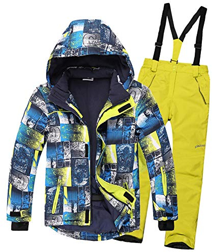 SXSHUN Raggazo Tuta da Sci 5000mm Antivento e Impermeabile Tuta da Neve Giacca Soft Shell + Salopette Snowboarding Sport Invernali, Pantaloni Giallo, 12-14 Anni (170/176)