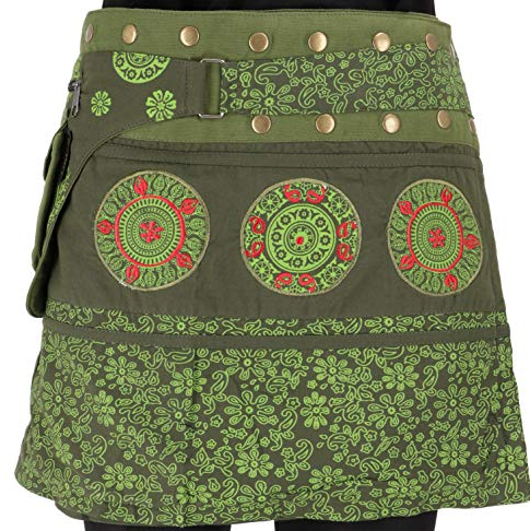 GURU SHOP Wickelrock, Kurzer Rock, Cacheur, Mandala Patchworkrock - Olivgrün, Damen, Baumwolle