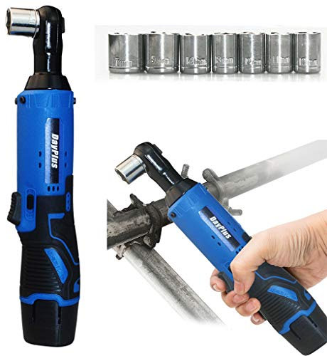 Cordless Ratchet Wrench 3/8 Inches, 12V 40Nm Electric Wrench with 2 x 1500mAh Batteries, 1Hour Fast Charger, 7 Sockets, Cordless Ratchet Right Angle Wrench (Blue)