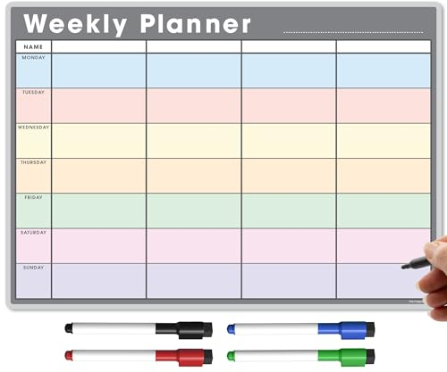 TMS A4 Magnetischer Wochenplaner und Organizer - Vollständig anpassbares Whiteboard für Familien- oder Geschäftsaufgaben und Essensplanung mit 4 trocken abwischbaren Stiften