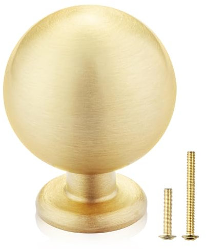 QogriSun Pack de 2 pomos esféricos de latón macizo para gabinete, 2.3 cm de diámetro, decoración de bola dorada, utensilios de cocina redondos de cobre, tiradores de cajón, asas de aparador, acabado