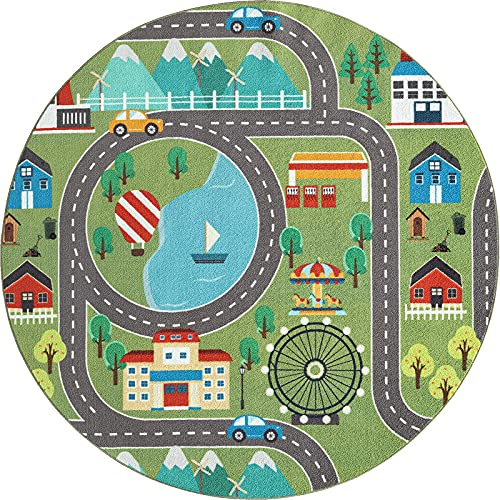 the carpet Happy Life Kinderzimmer, Kinderteppich, Spielteppich, Waschbar, Straßenteppich, Straße, Stadt, Auto, Rund, Grün, 200 cm Rund