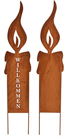 itsisa Gartenstecker Kerze Willkommen (2er Set), H: 69 cm, Rostdeko, Rost Flamme, Weihnachten Deko, Advent