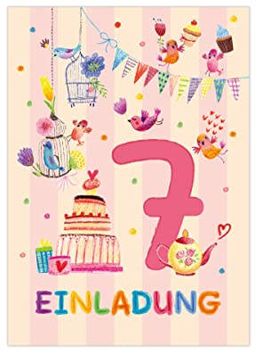 Junapack 12 Einladungskarten zum 7. Kindergeburtstag Einladung zum siebten Geburtstag Mädchen Vögelchen