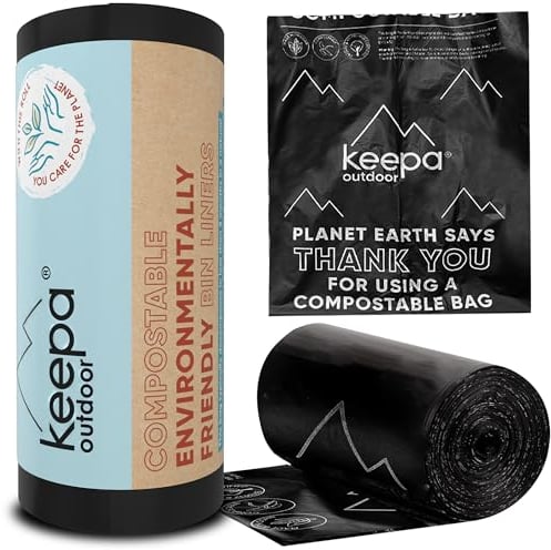 Keepa Outdoor kompostierbare Toilettenbeutel, schwarz, 20 Stück mit je 40 l, reißfest, geruchsdicht und nahezu intransparent für den Biomülleimer in der Küche und Campingtoiletten